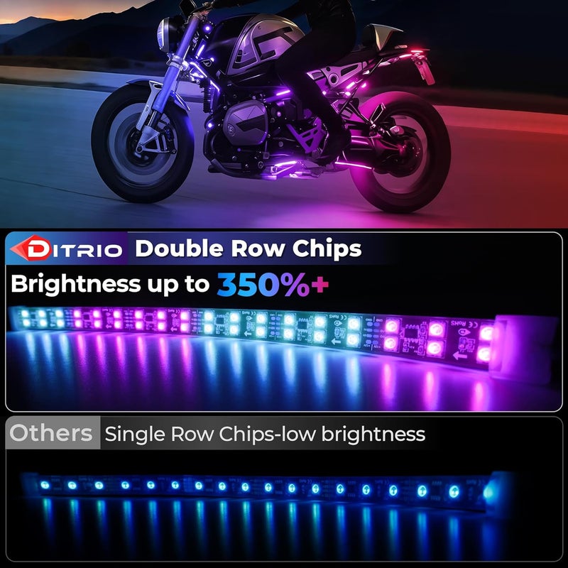 DITRIO 8PCS Double Row Motorcycle Led Lights with Brake Turn Signal,Underglow Light Kits with APP/RF Remote Control, Dual Zone,Waterproof,12V Pixelglow RGB Lights for Motorcycles, Golf Carts, UTVs - Image 2